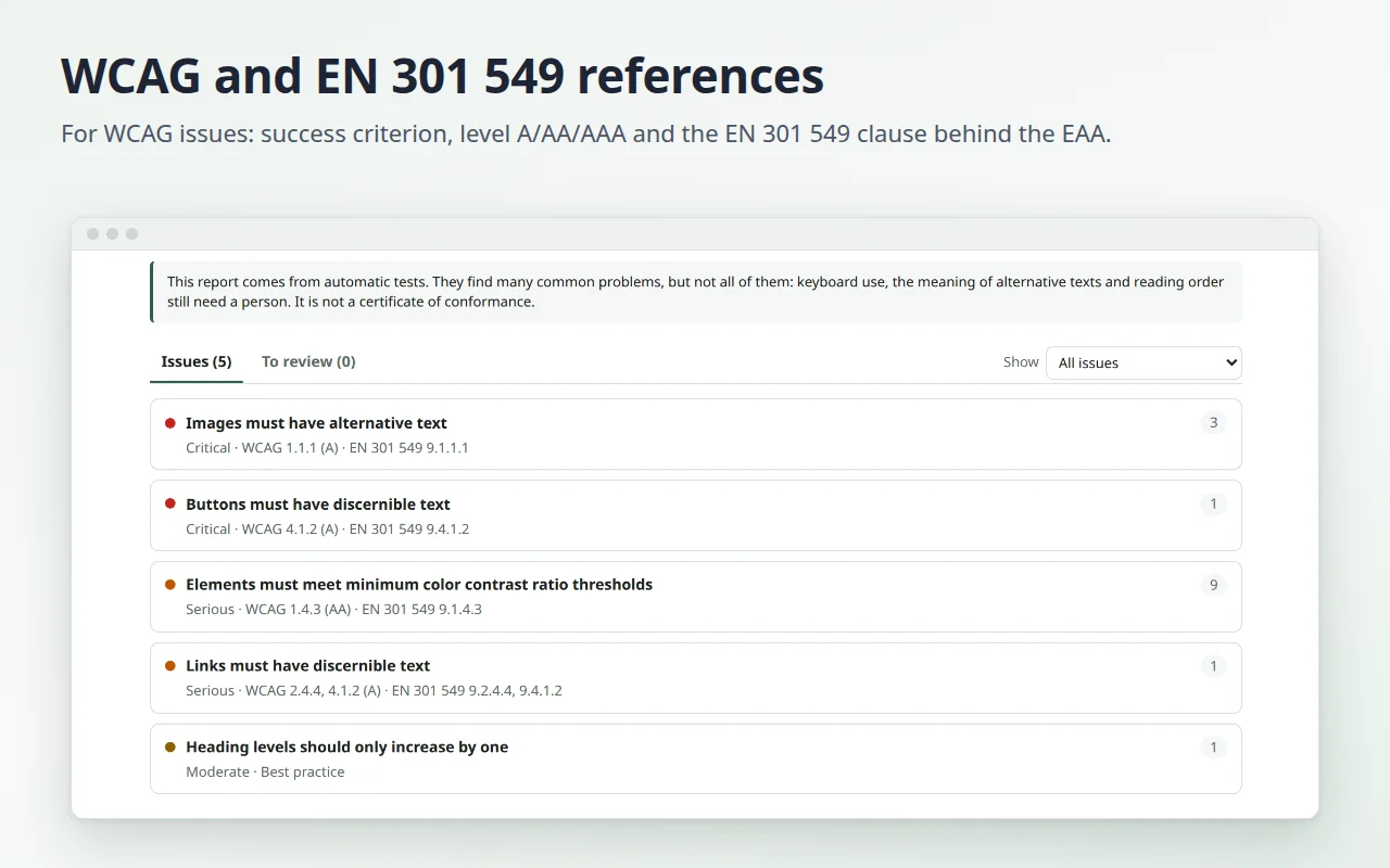 The full report: each issue with its severity, the WCAG success criterion and level, and the EN 301 549 clause