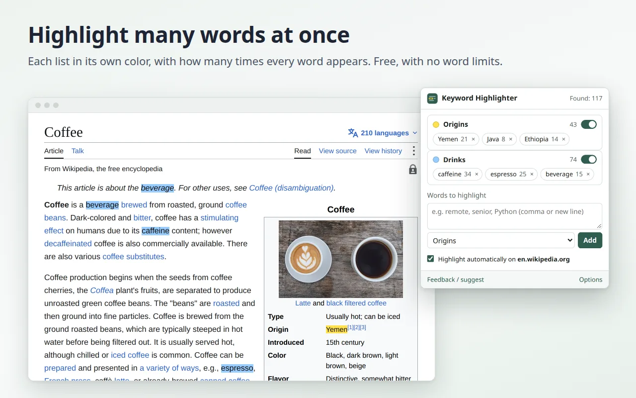 The Keyword Highlighter popup next to a Wikipedia article: two word lists in two colors, with how many times each word appears
