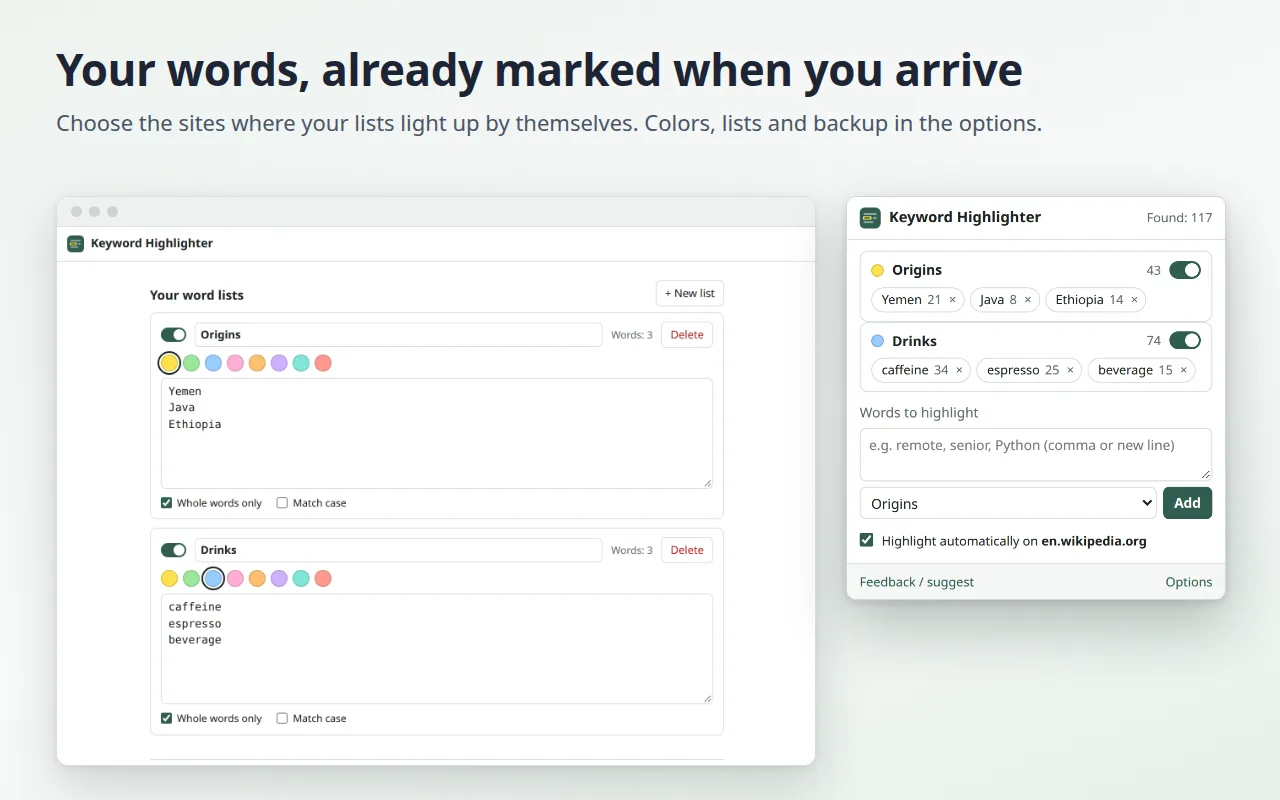 The options page: word lists with a color, whole words only and match case for each list
