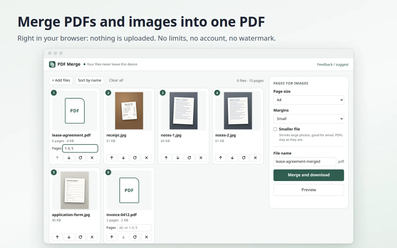 The PDF Merge page with two PDFs and four phone photos of documents, ready to be merged into one PDF