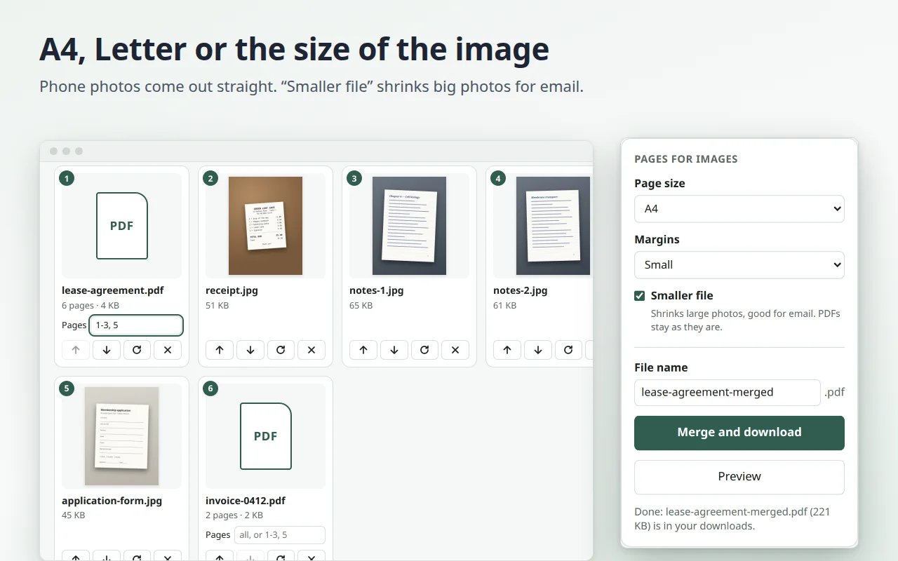 The options: page size A4, Letter or same as the image, margins, Smaller file, file name and the Merge and download button
